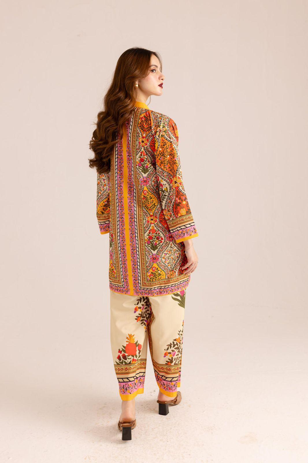 Luxury Printed Lawn 2-Piece Suit – Vibrant Ethnic Kurti & Trousers Set for Women