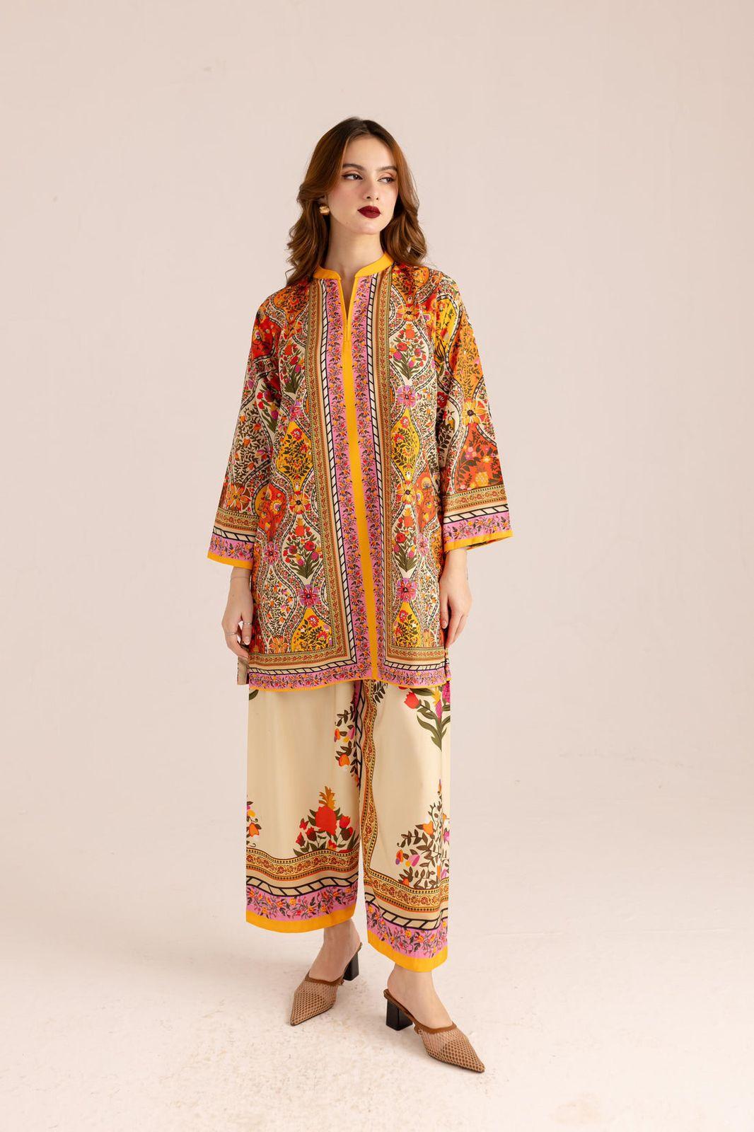Luxury Printed Lawn 2-Piece Suit – Vibrant Ethnic Kurti & Trousers Set for Women